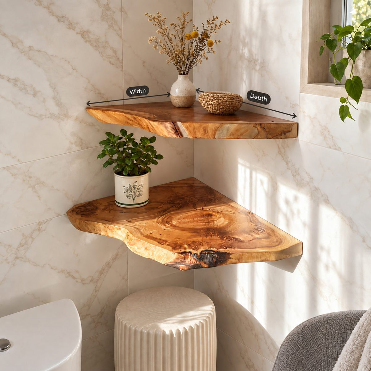 Live Edge Floating Corner Shelf, Solid Wood Bathroom Corner Shelf with Irregular Edge and Growth Rings