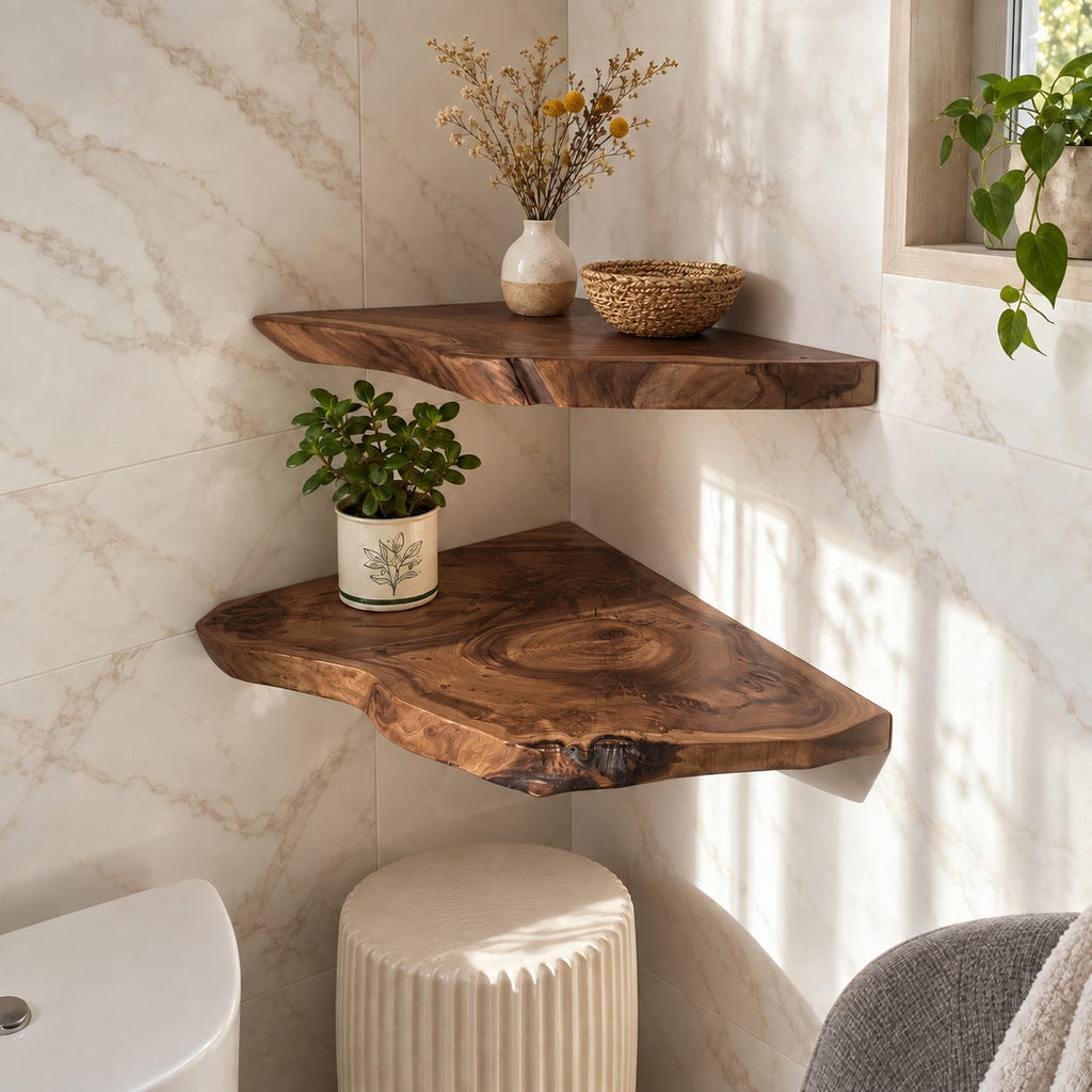 Live Edge Floating Corner Shelf, Solid Wood Bathroom Corner Shelf with Irregular Edge and Growth Rings