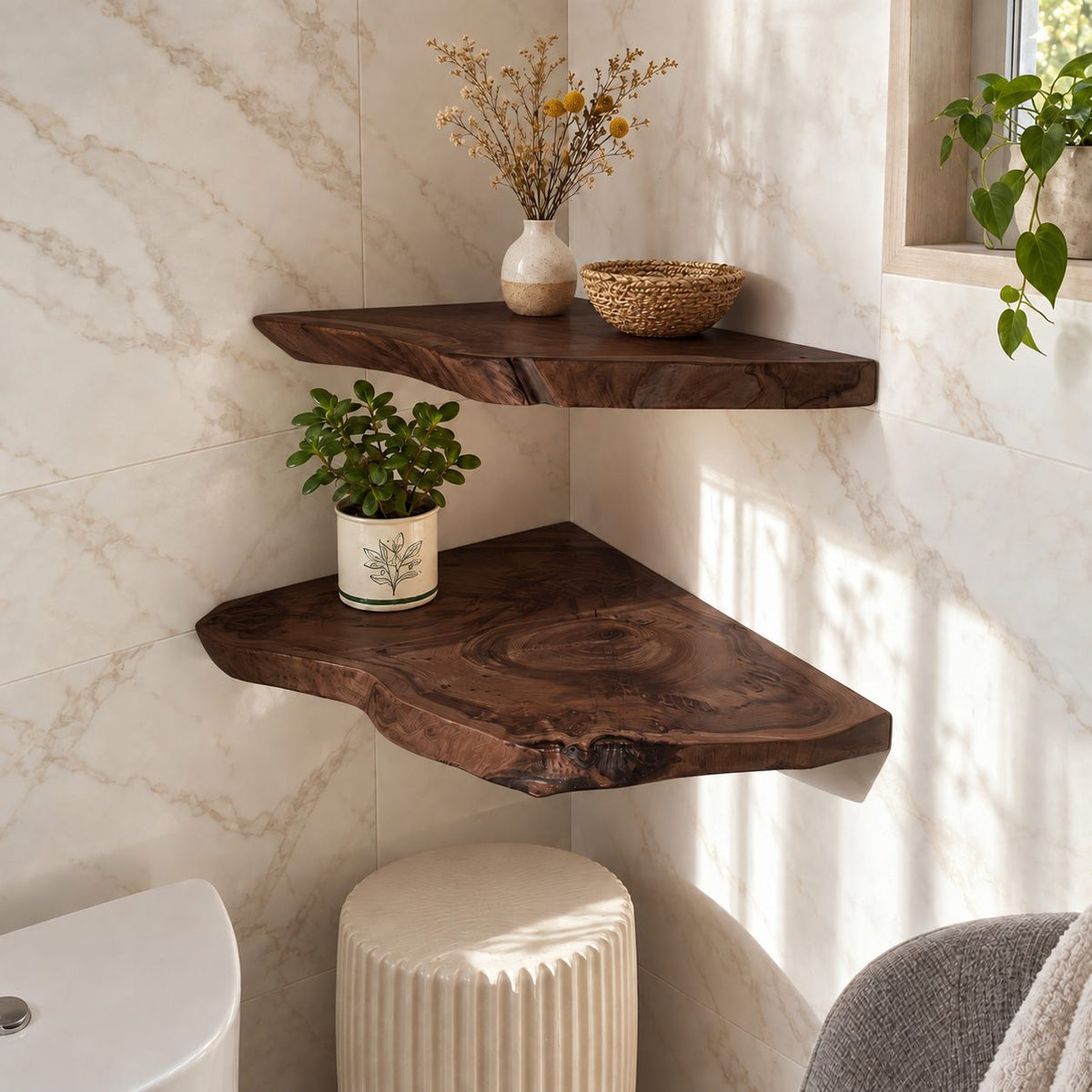 Live Edge Floating Corner Shelf, Solid Wood Bathroom Corner Shelf with Irregular Edge and Growth Rings