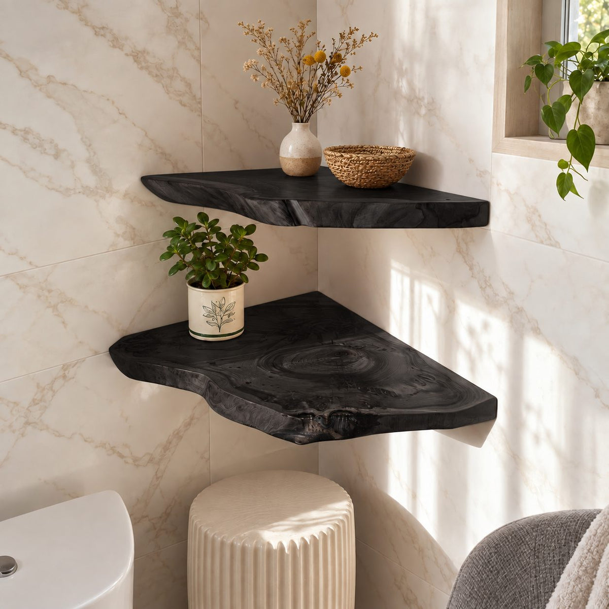 Live Edge Floating Corner Shelf, Solid Wood Bathroom Corner Shelf with Irregular Edge and Growth Rings