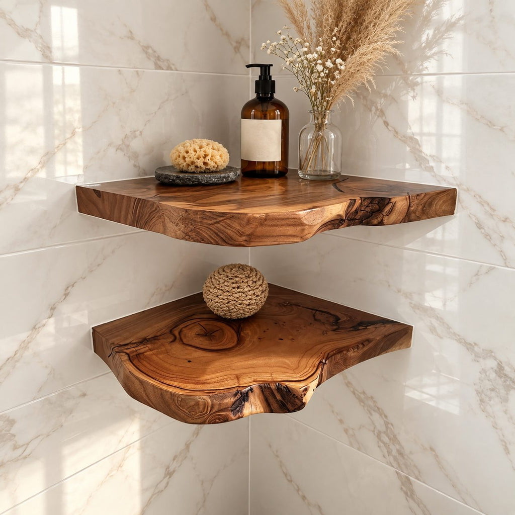 Floating Corner Wall Shelf, Thick Live Edge Solid Wood Corner Shelf with Natural Checks and Knots