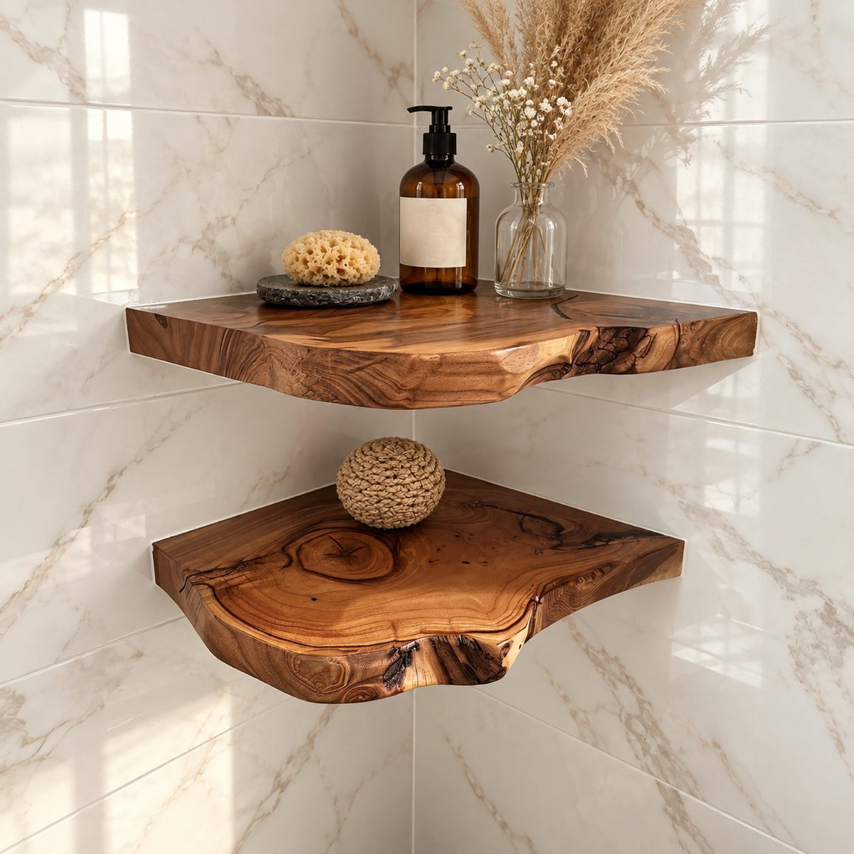 Floating Corner Wall Shelf, Thick Live Edge Solid Wood Corner Shelf with Natural Checks and Knots
