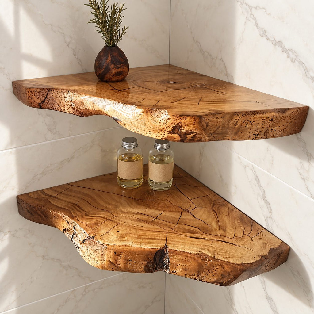 Floating Corner Wall Shelf, Thick Live Edge Solid Wood Corner Shelf with Natural Checks and Knots
