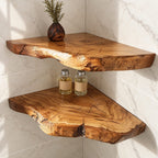 Floating Corner Wall Shelf, Thick Live Edge Solid Wood Corner Shelf with Natural Checks and Knots