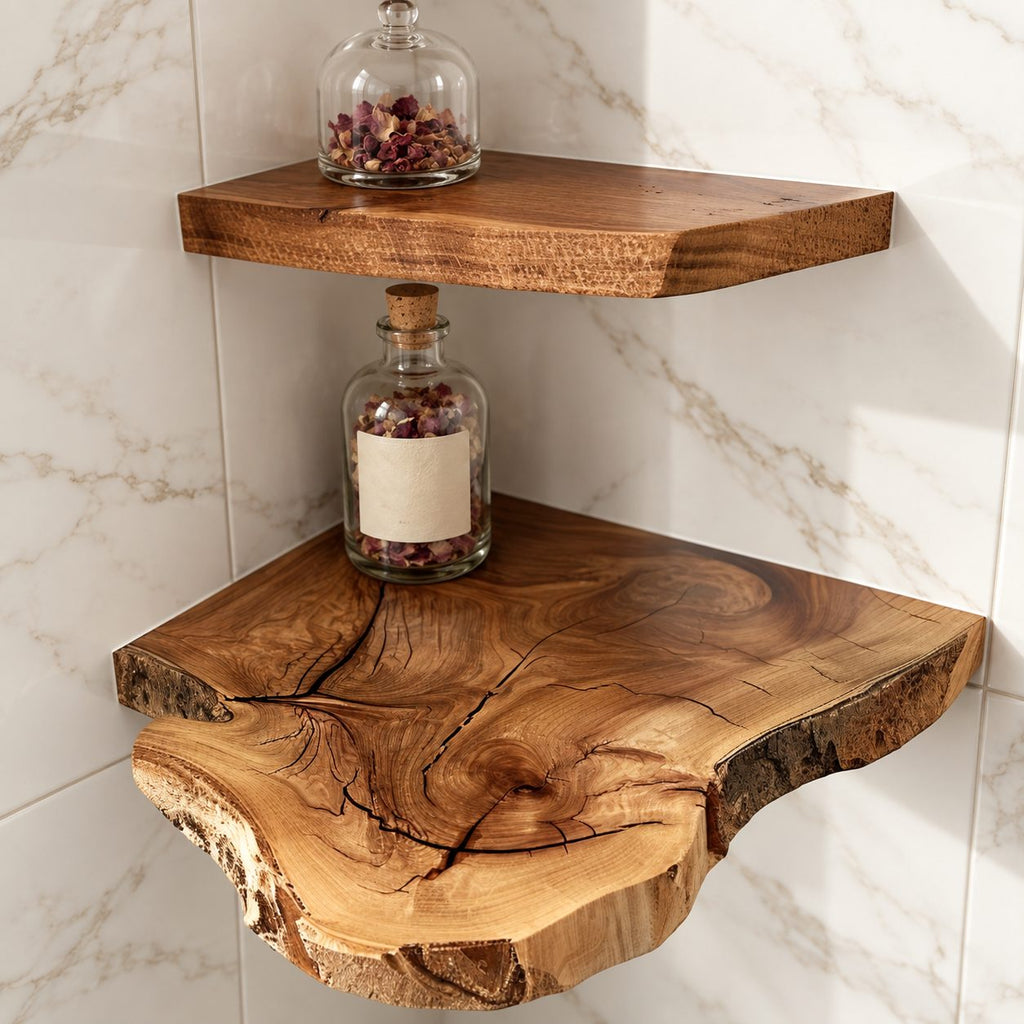 Floating Corner Wall Shelf, Thick Live Edge Solid Wood Corner Shelf with Natural Checks and Knots