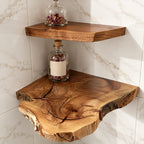 Floating Corner Wall Shelf, Thick Live Edge Solid Wood Corner Shelf with Natural Checks and Knots