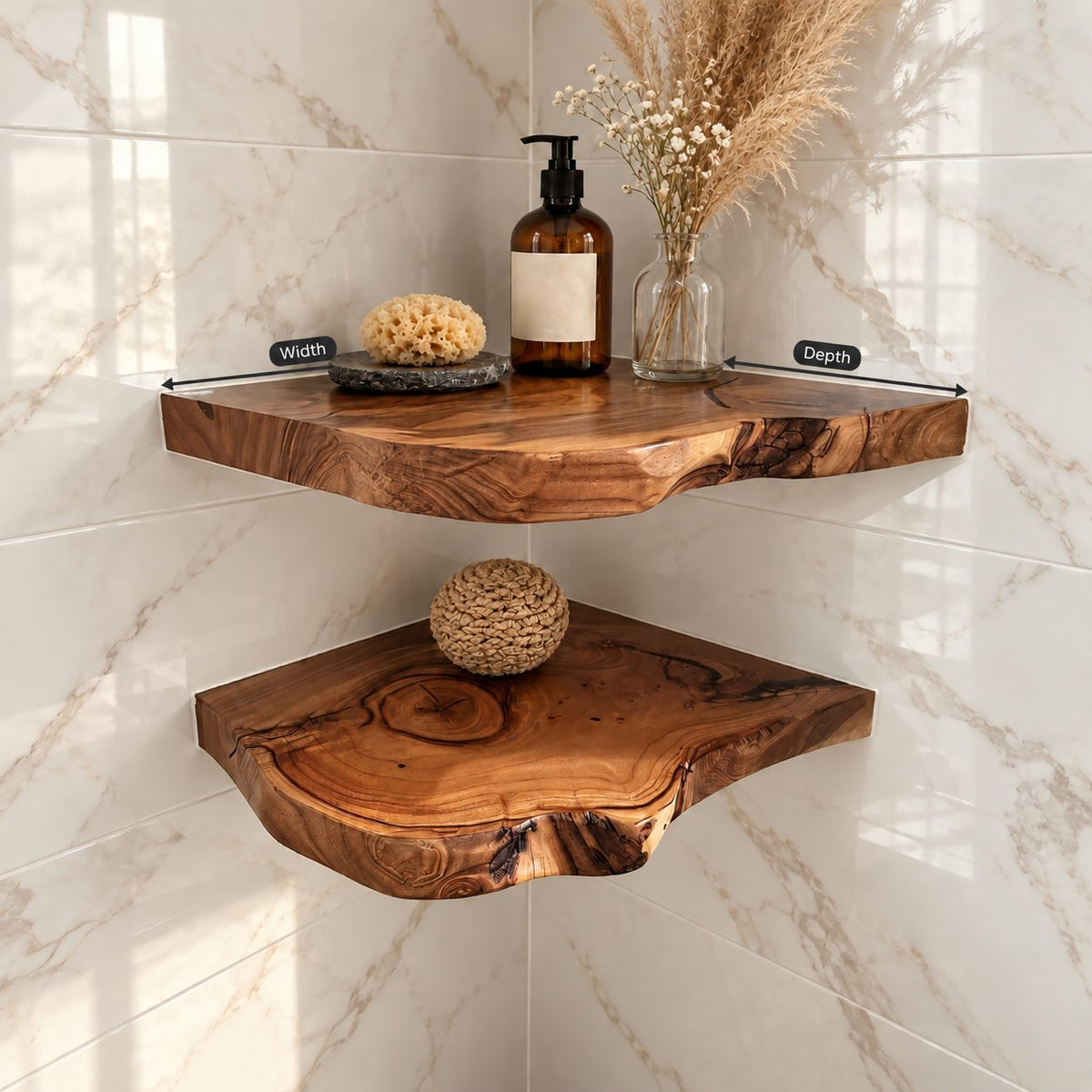 Floating Corner Wall Shelf, Thick Live Edge Solid Wood Corner Shelf with Natural Checks and Knots