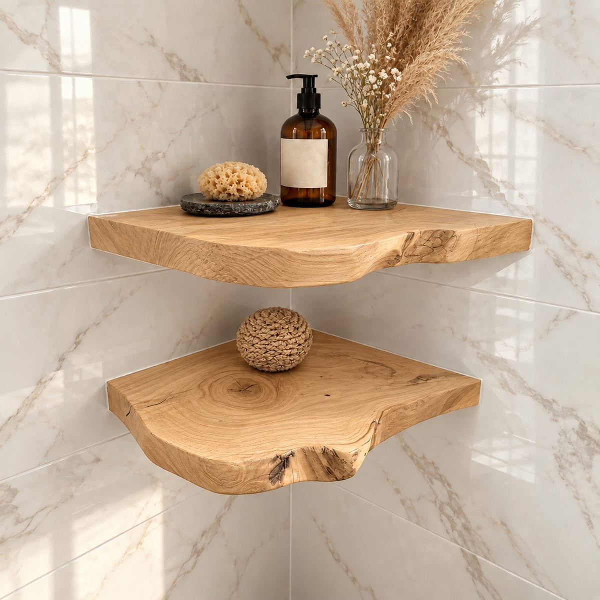 Floating Corner Wall Shelf, Thick Live Edge Solid Wood Corner Shelf with Natural Checks and Knots