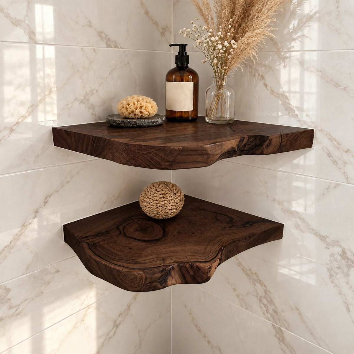 Floating Corner Wall Shelf, Thick Live Edge Solid Wood Corner Shelf with Natural Checks and Knots