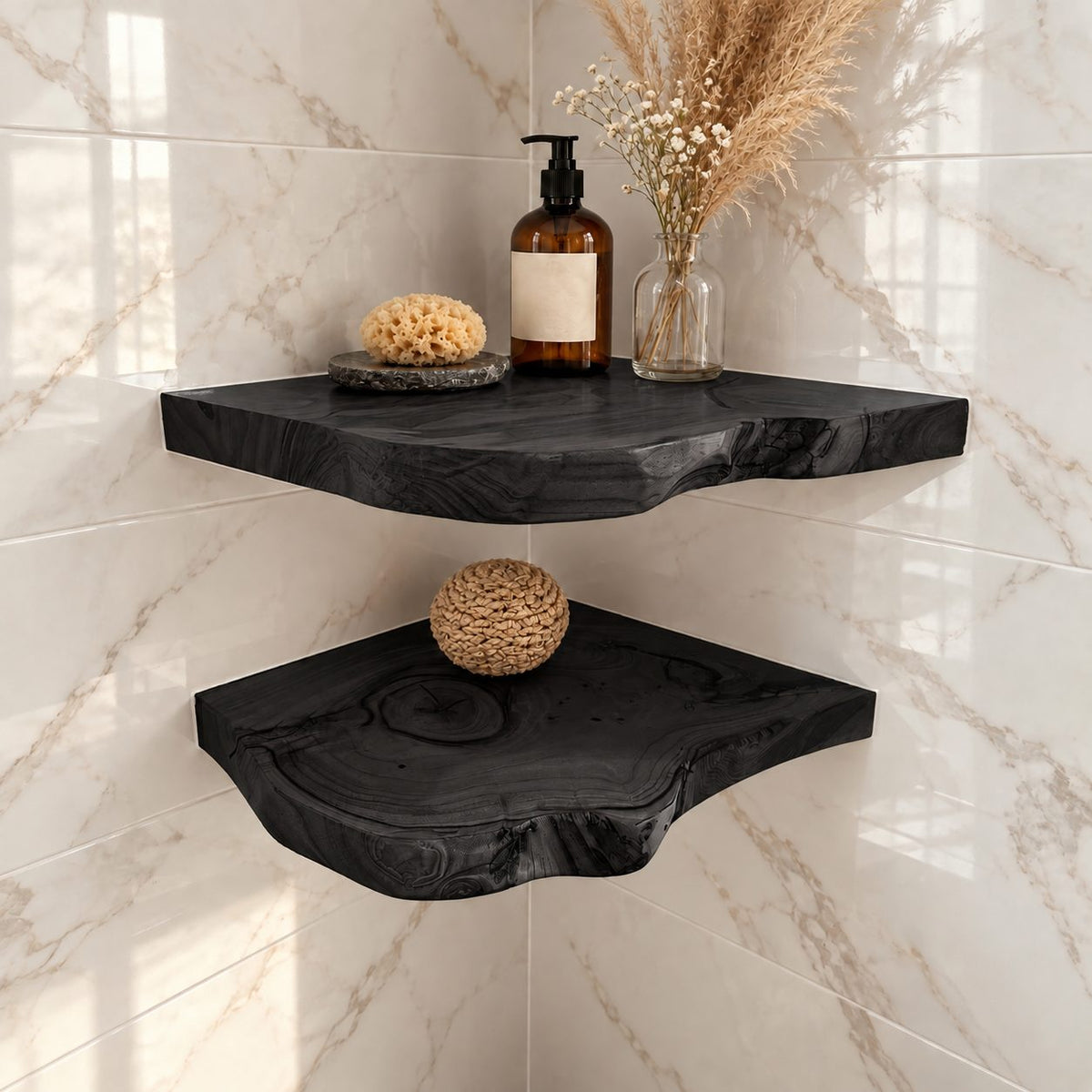 Floating Corner Wall Shelf, Thick Live Edge Solid Wood Corner Shelf with Natural Checks and Knots