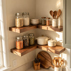 L Shaped Corner Floating Shelf, Solid Wood Kitchen Corner Shelf with Straight Square Edges, Wall Mounted