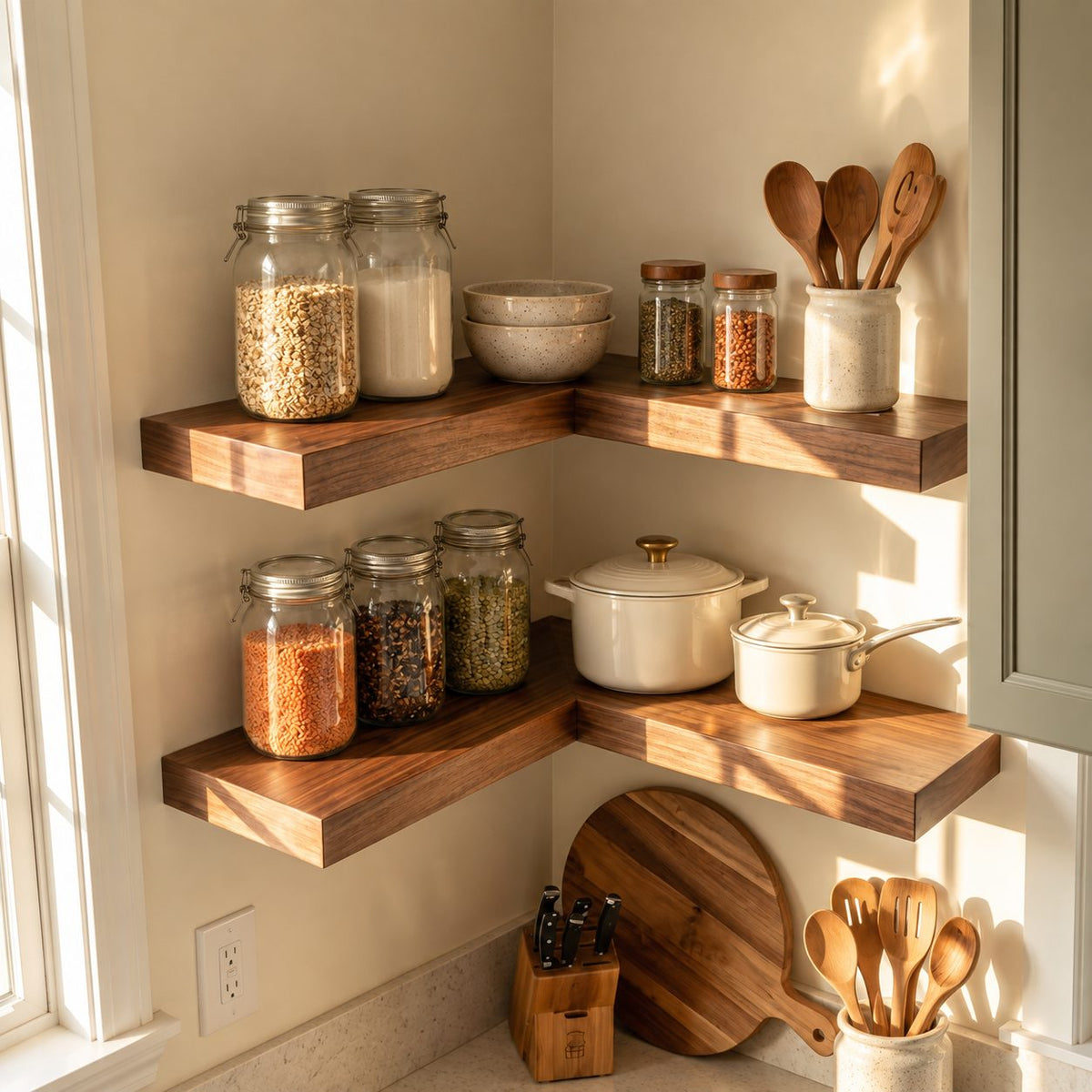L Shaped Corner Floating Shelf, Solid Wood Kitchen Corner Shelf with Straight Square Edges, Wall Mounted