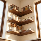 L Shaped Corner Floating Shelf, Solid Wood Kitchen Corner Shelf with Straight Square Edges, Wall Mounted
