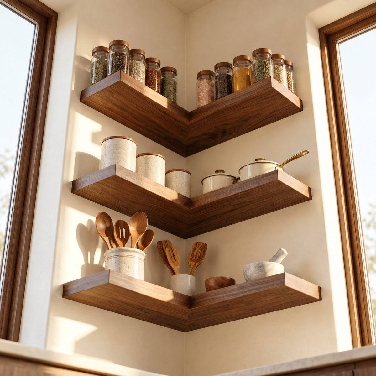 L Shaped Corner Floating Shelf, Solid Wood Kitchen Corner Shelf with Straight Square Edges, Wall Mounted