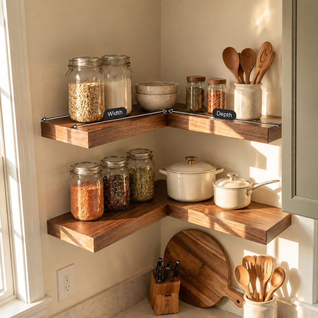 L Shaped Corner Floating Shelf, Solid Wood Kitchen Corner Shelf with Straight Square Edges, Wall Mounted