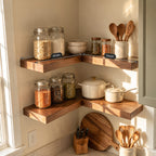 L Shaped Corner Floating Shelf, Solid Wood Kitchen Corner Shelf with Straight Square Edges, Wall Mounted