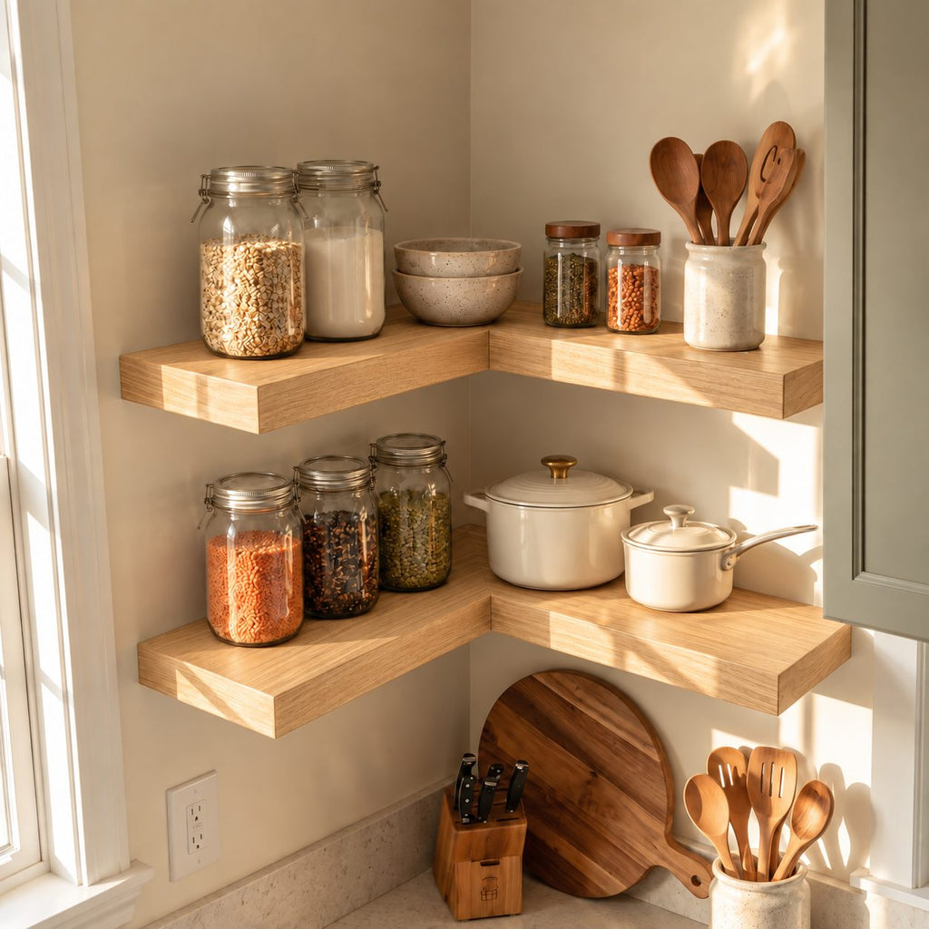 L Shaped Corner Floating Shelf, Solid Wood Kitchen Corner Shelf with Straight Square Edges, Wall Mounted