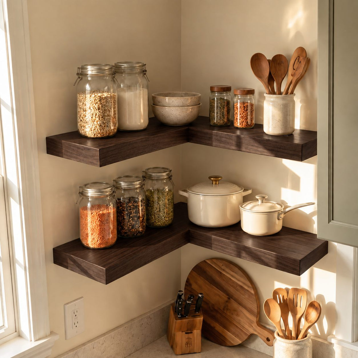 L Shaped Corner Floating Shelf, Solid Wood Kitchen Corner Shelf with Straight Square Edges, Wall Mounted