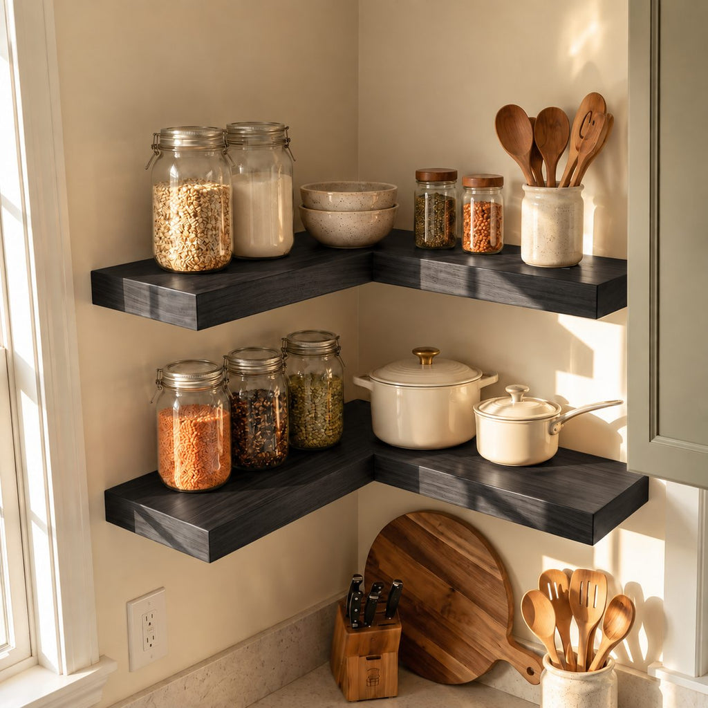 L Shaped Corner Floating Shelf, Solid Wood Kitchen Corner Shelf with Straight Square Edges, Wall Mounted