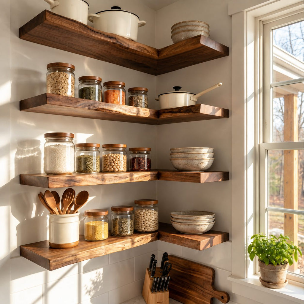 L Shape Floating Kitchen Shelf, Long Solid Wood Corner Wall Shelf with Live Edge Front for Kitchen Storage