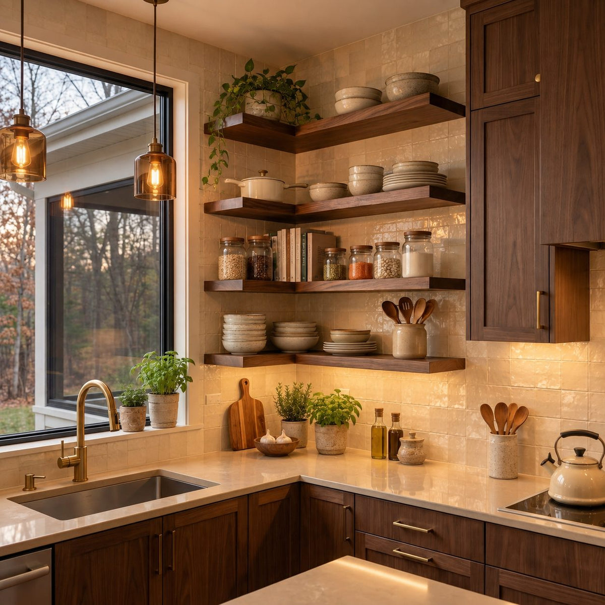 L Shape Floating Kitchen Shelf, Long Solid Wood Corner Wall Shelf with Live Edge Front for Kitchen Storage