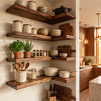 L Shape Floating Kitchen Shelf, Long Solid Wood Corner Wall Shelf with Live Edge Front for Kitchen Storage