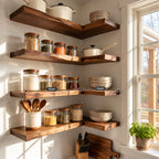 L Shape Floating Kitchen Shelf, Long Solid Wood Corner Wall Shelf with Live Edge Front for Kitchen Storage