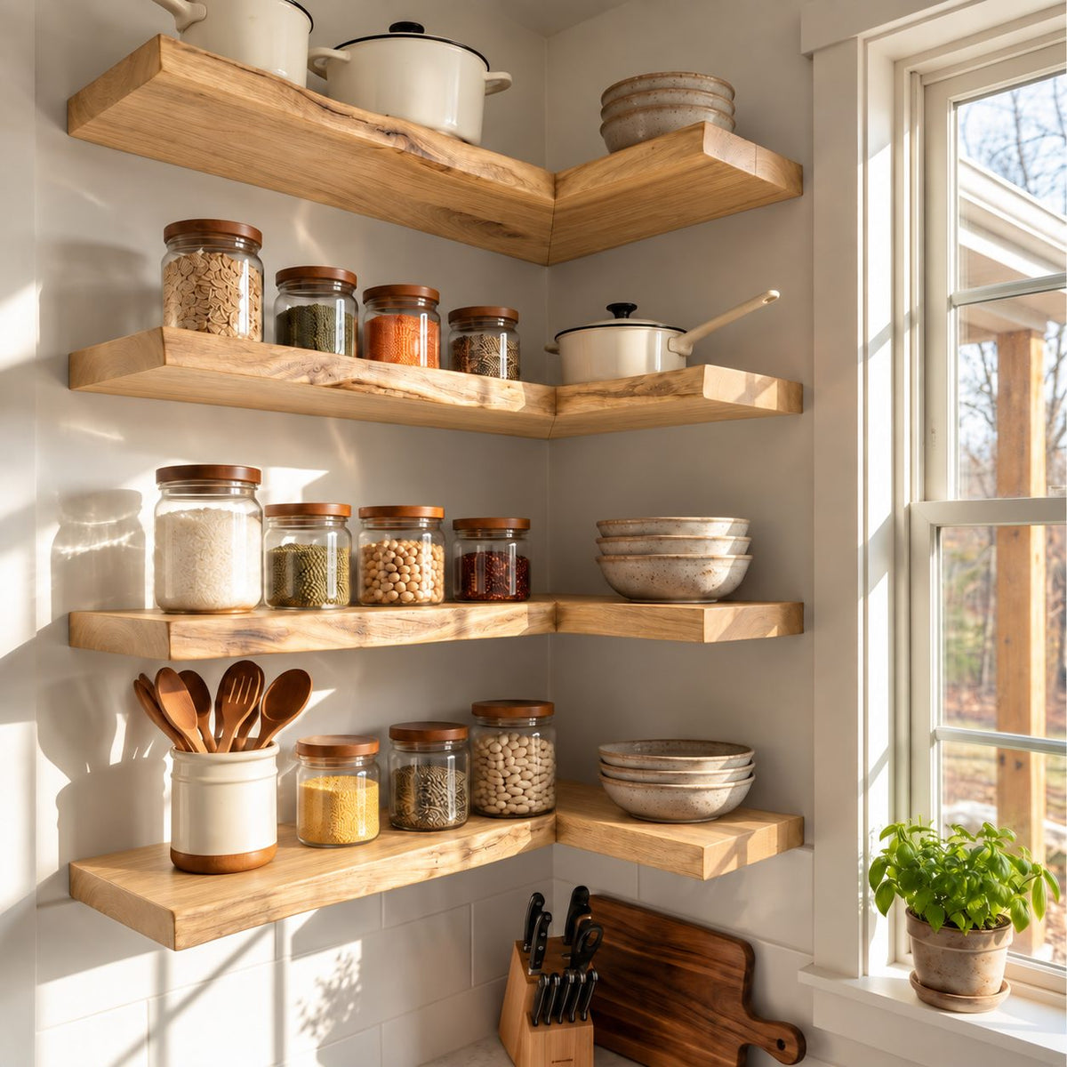 L Shape Floating Kitchen Shelf, Long Solid Wood Corner Wall Shelf with Live Edge Front for Kitchen Storage