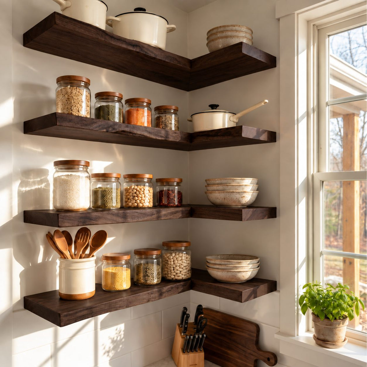 L Shape Floating Kitchen Shelf, Long Solid Wood Corner Wall Shelf with Live Edge Front for Kitchen Storage