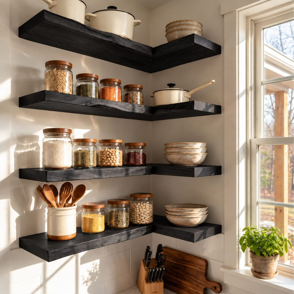 L Shape Floating Kitchen Shelf, Long Solid Wood Corner Wall Shelf with Live Edge Front for Kitchen Storage