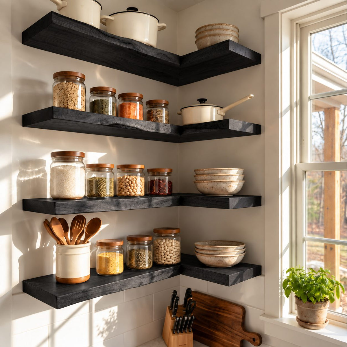 L Shape Floating Kitchen Shelf, Long Solid Wood Corner Wall Shelf with Live Edge Front for Kitchen Storage