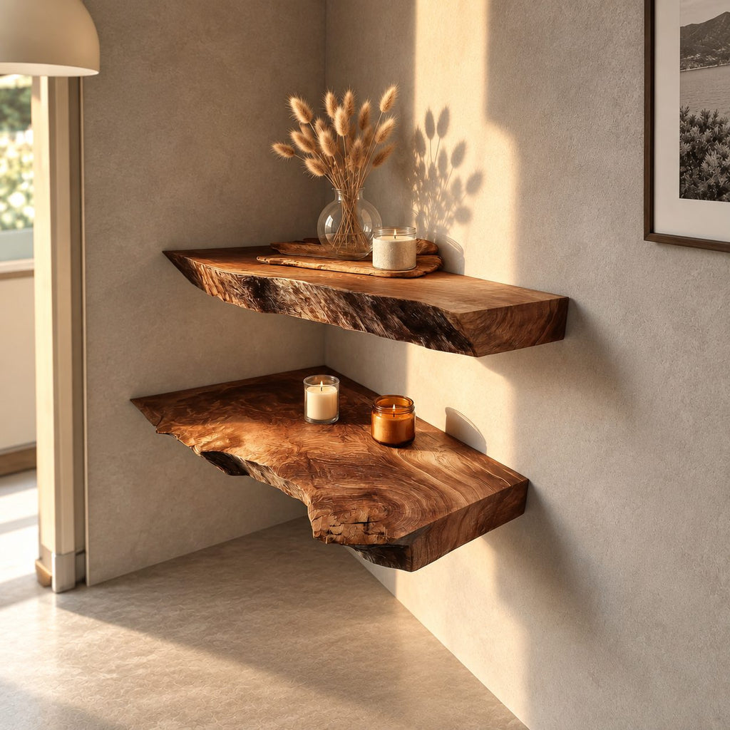 Live Edge Floating Shelf, Thick Solid Wood Wall Shelf 12 Inch Deep with Rough Natural Edge for Dining Room