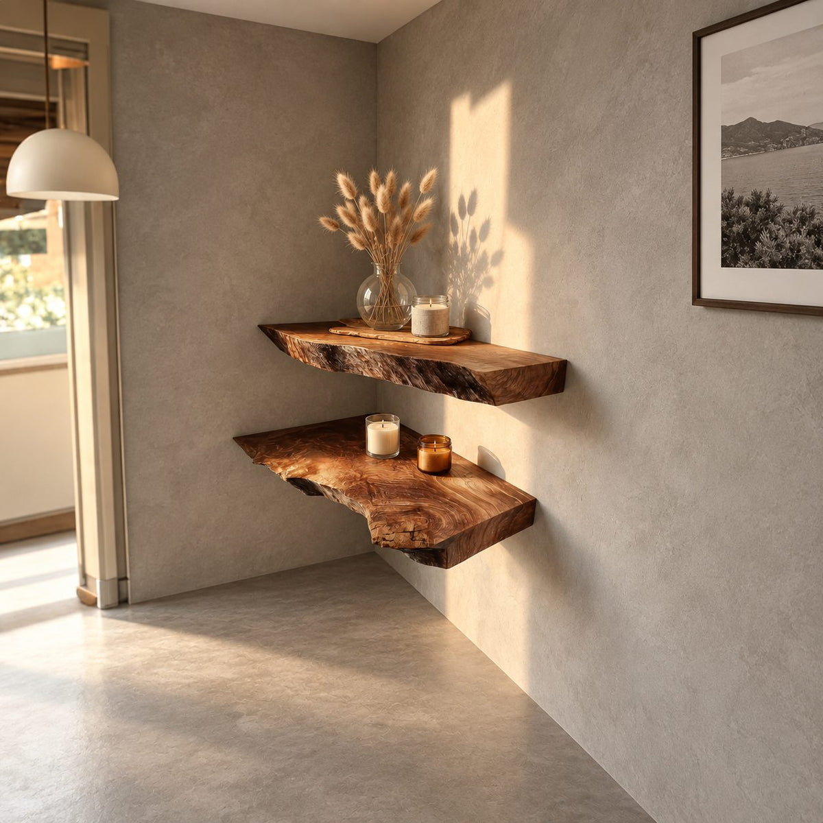 Live Edge Floating Shelf, Thick Solid Wood Wall Shelf 12 Inch Deep with Rough Natural Edge for Dining Room