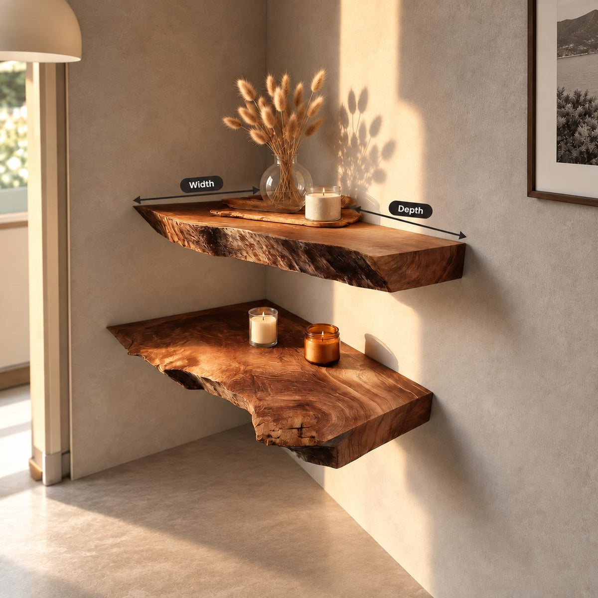 Live Edge Floating Shelf, Thick Solid Wood Wall Shelf 12 Inch Deep with Rough Natural Edge for Dining Room