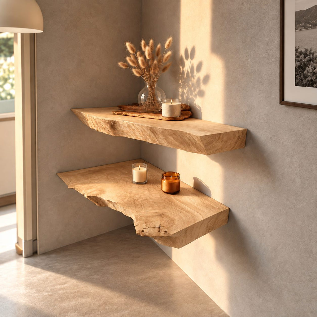Live Edge Floating Shelf, Thick Solid Wood Wall Shelf 12 Inch Deep with Rough Natural Edge for Dining Room