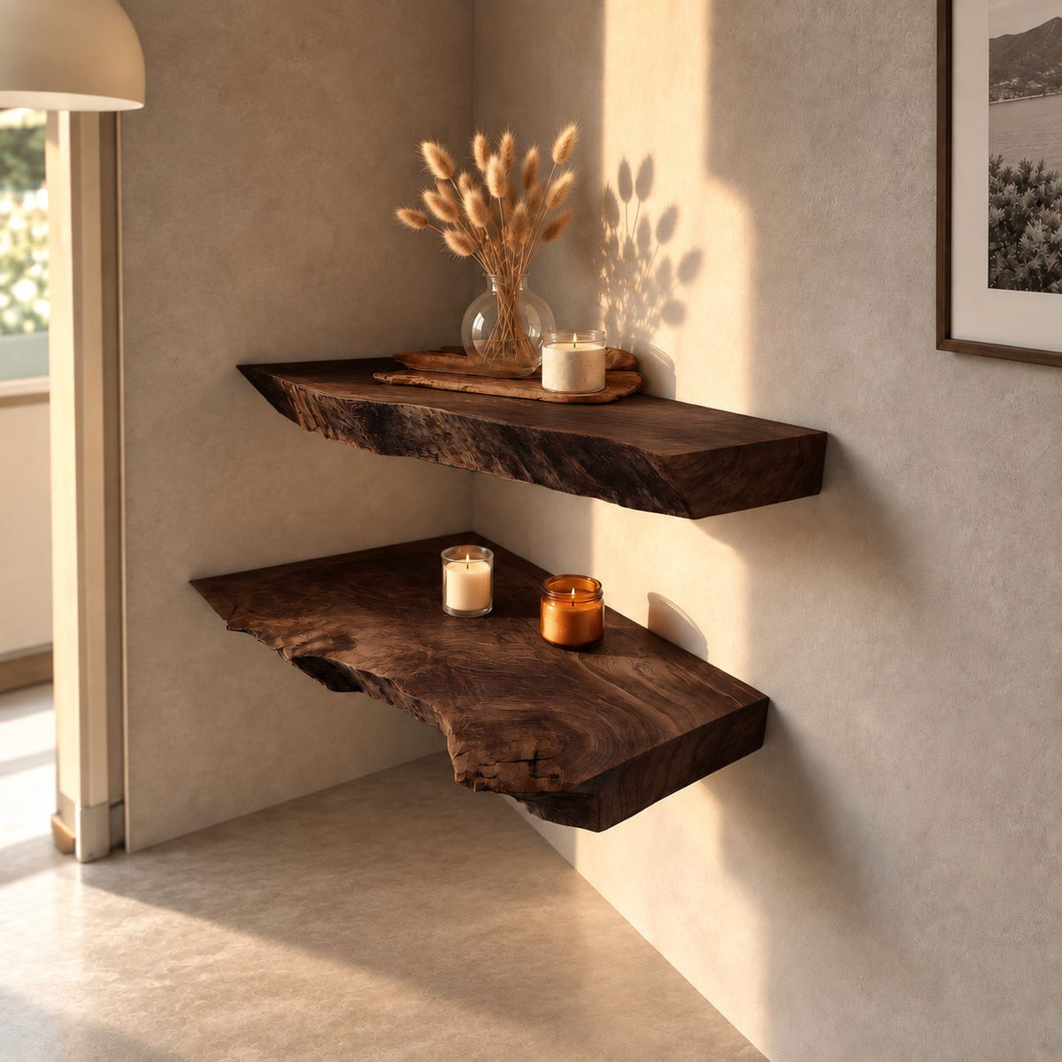 Live Edge Floating Shelf, Thick Solid Wood Wall Shelf 12 Inch Deep with Rough Natural Edge for Dining Room