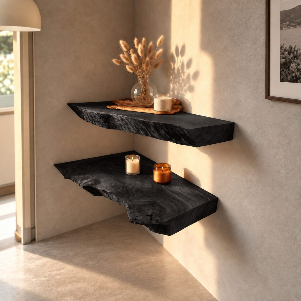 Live Edge Floating Shelf, Thick Solid Wood Wall Shelf 12 Inch Deep with Rough Natural Edge for Dining Room