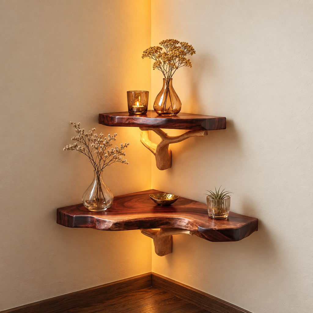 Rustic Corner Floating Shelf with Tree Branch Bracket, Live Edge Solid Wood Corner Shelf for Living Room