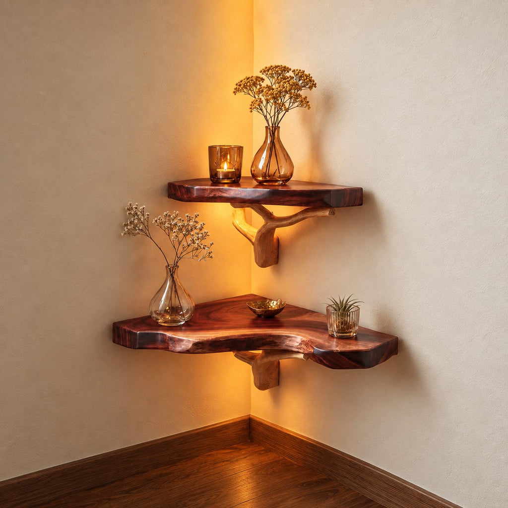 Rustic Corner Floating Shelf with Tree Branch Bracket, Live Edge Solid Wood Corner Shelf for Living Room