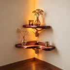 Rustic Corner Floating Shelf with Tree Branch Bracket, Live Edge Solid Wood Corner Shelf for Living Room