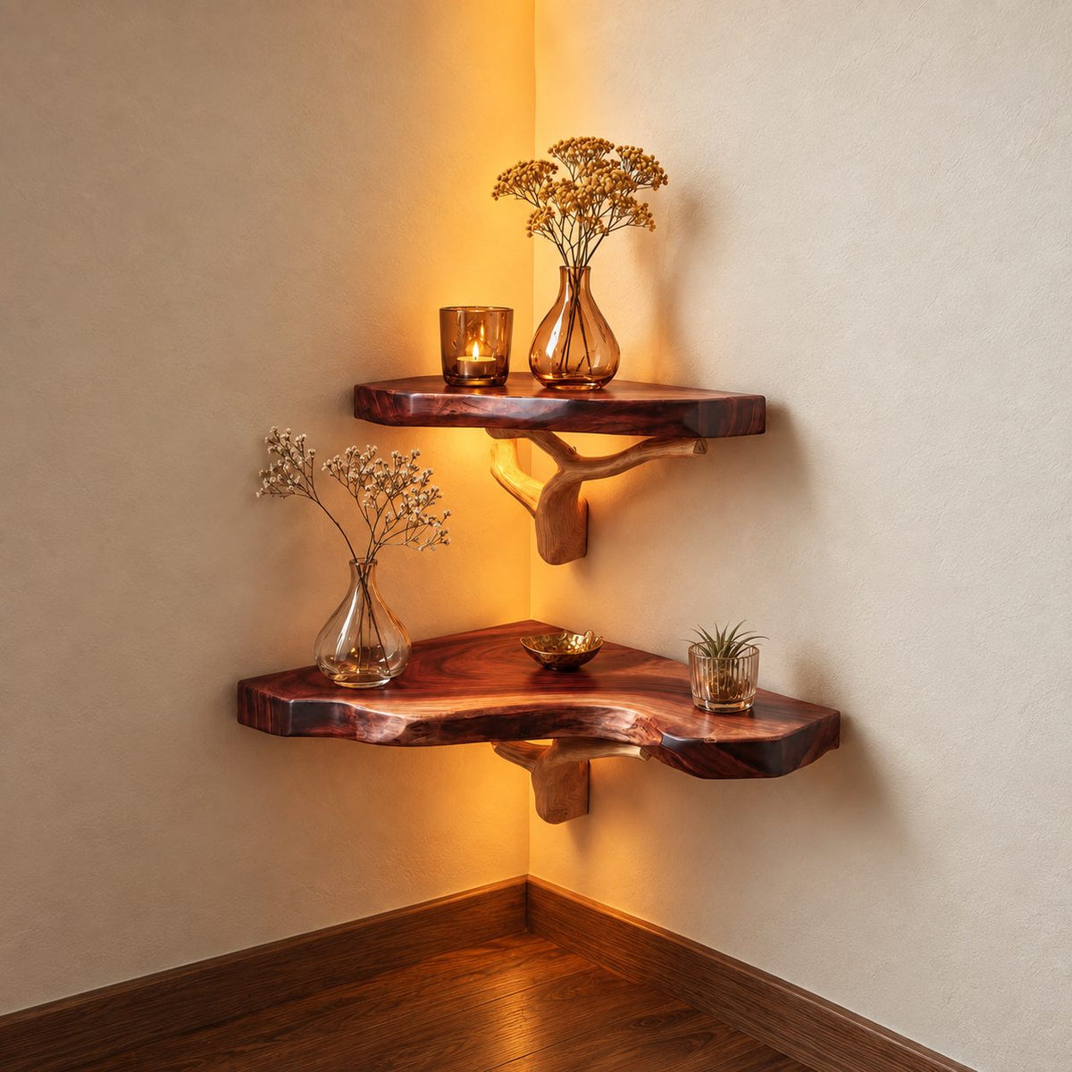 Rustic Corner Floating Shelf with Tree Branch Bracket, Live Edge Solid Wood Corner Shelf for Living Room
