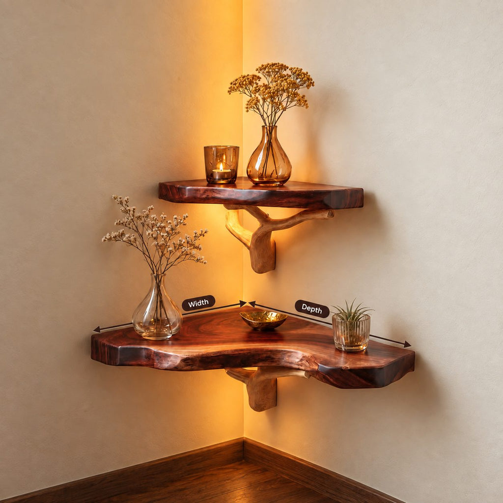 Rustic Corner Floating Shelf with Tree Branch Bracket, Live Edge Solid Wood Corner Shelf for Living Room