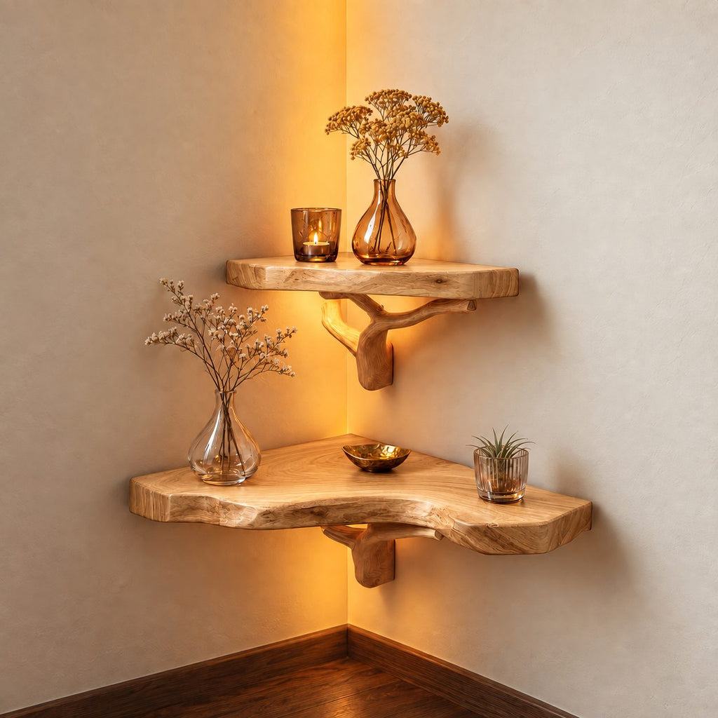 Rustic Corner Floating Shelf with Tree Branch Bracket, Live Edge Solid Wood Corner Shelf for Living Room