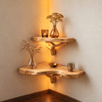 Rustic Corner Floating Shelf with Tree Branch Bracket, Live Edge Solid Wood Corner Shelf for Living Room