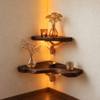 Rustic Corner Floating Shelf with Tree Branch Bracket, Live Edge Solid Wood Corner Shelf for Living Room