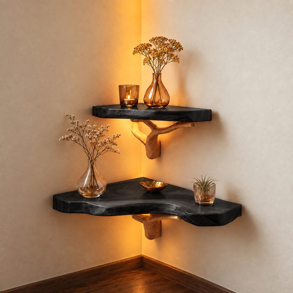 Rustic Corner Floating Shelf with Tree Branch Bracket, Live Edge Solid Wood Corner Shelf for Living Room