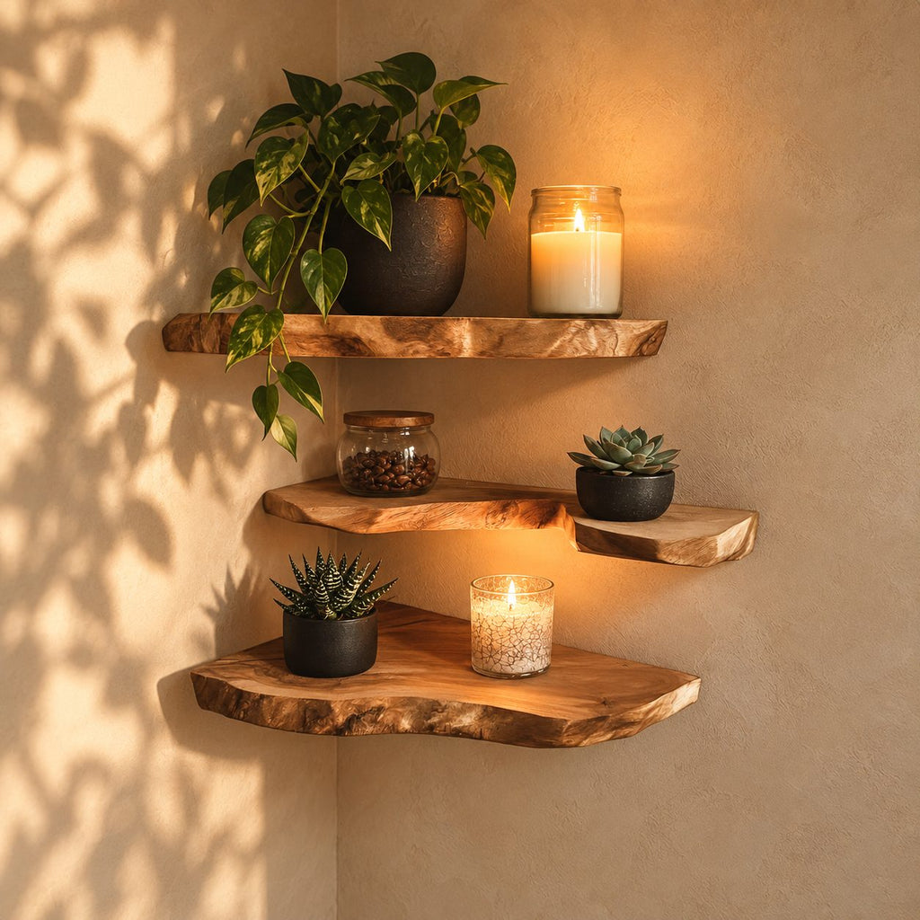 Rounded Live Edge Corner Shelf, Thick Solid Wood Floating Corner Shelf with Soft Bark Rim for Cozy Nooks