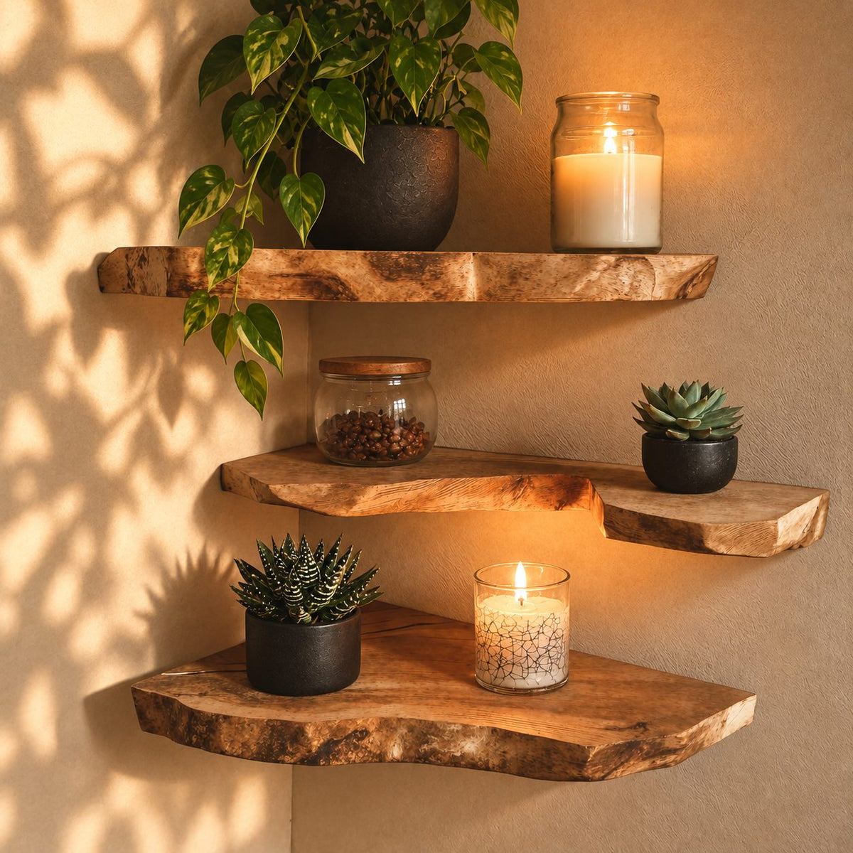 Rounded Live Edge Corner Shelf, Thick Solid Wood Floating Corner Shelf with Soft Bark Rim for Cozy Nooks
