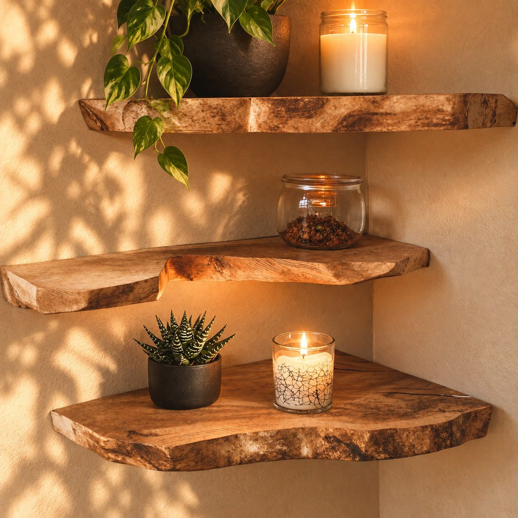 Rounded Live Edge Corner Shelf, Thick Solid Wood Floating Corner Shelf with Soft Bark Rim for Cozy Nooks