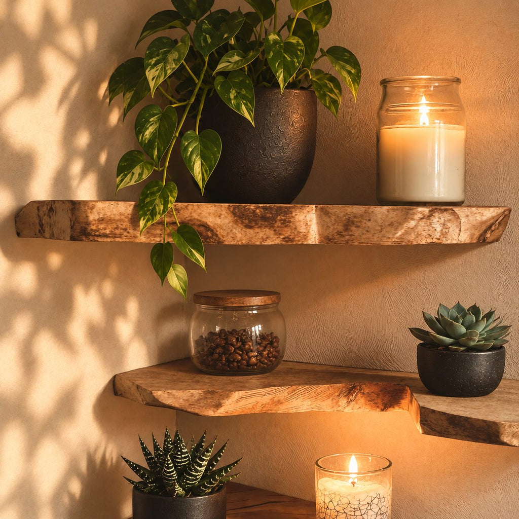 Rounded Live Edge Corner Shelf, Thick Solid Wood Floating Corner Shelf with Soft Bark Rim for Cozy Nooks